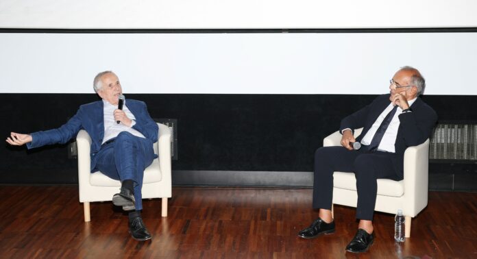 RICCIONE, ITALY - JUNE 24: Marco Bellocchio and Alberto Barbera speak on the stage during the Italian Global Series Festival 2025 at Cinepalace on June 24, 2025 in Riccione, Italy. (Photo by Daniele Venturelli/Getty Images for ITALIAN GLOBAL SERIES FESTIVAL)